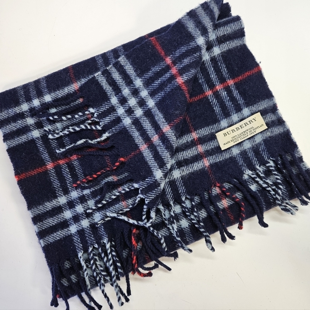 Burberry Navy Blue Plaid 100% Lambswool Wool Winter Fringe Scarf Unisex